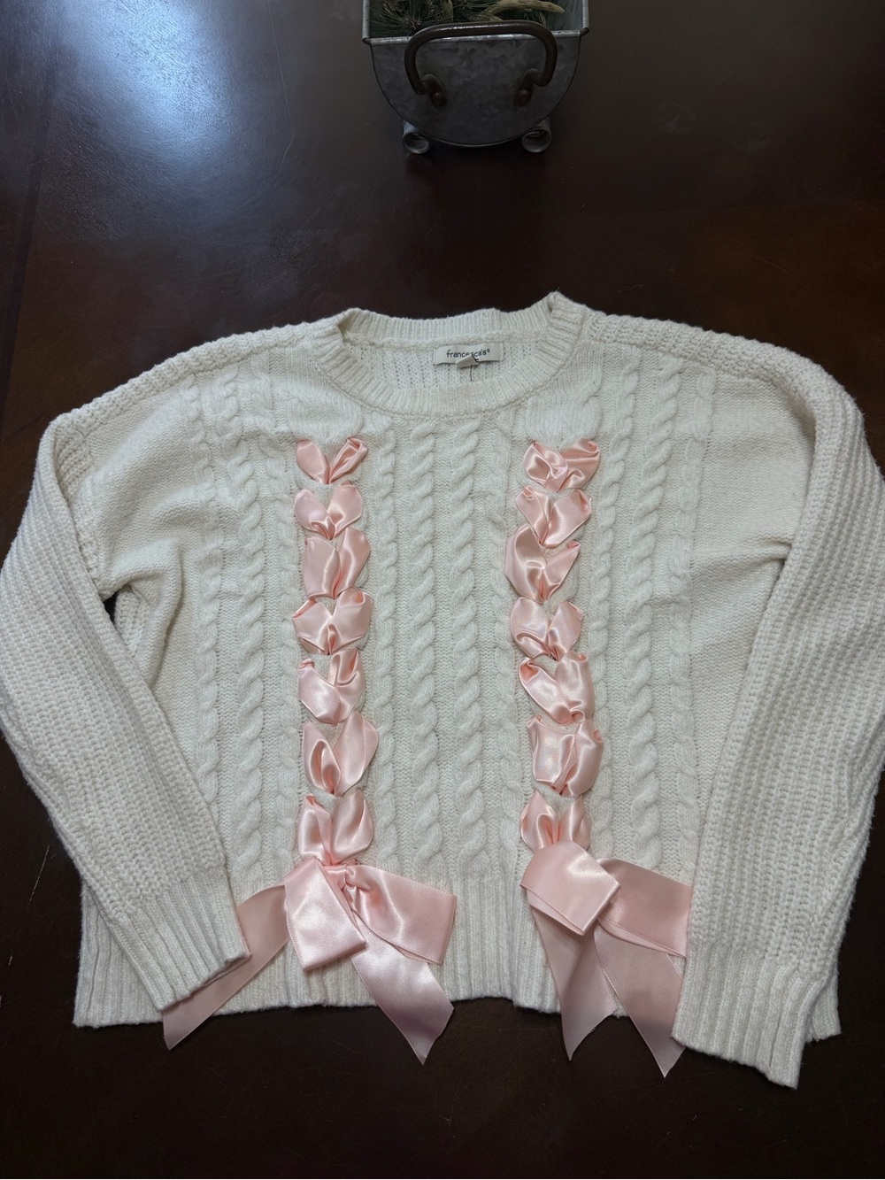 Francesca's Collections Cream Cable Knit Sweater with Pink Satin Ribbon Trim